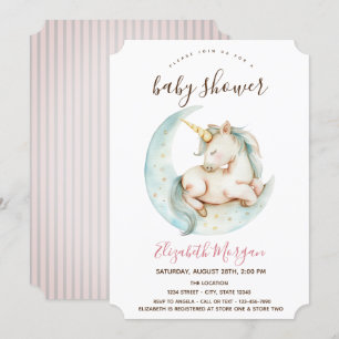 Eenhoorn Moon Pink Stripes Baby shower Kaart