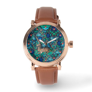 EENHOORN ONDER BLAUWE BLOEMEN Aqua Blue Green Bloe Horloge