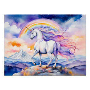 Eenhoorn onder zachte pastel regenboogwolken perfect poster