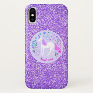 Eenhoorn Paarse Glitter Roze Gepersonaliseerd iPhone X Hoesje