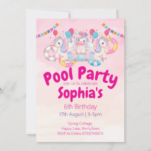Eenhoorn Pool Party 6e verjaardag Uitnodiging Ro