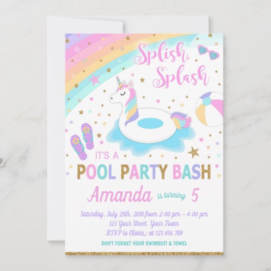 Eenhoorn Pool Party Verjaardag Uitnodiging Roze &  (Voorkant)