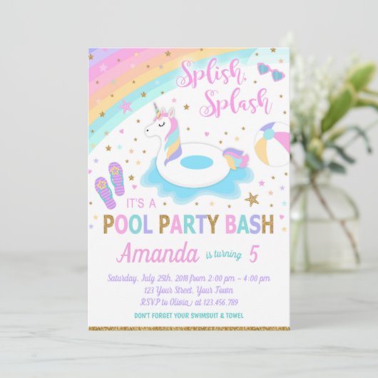 Eenhoorn Pool Party Verjaardag Uitnodiging Roze &  (Staand voorkant)