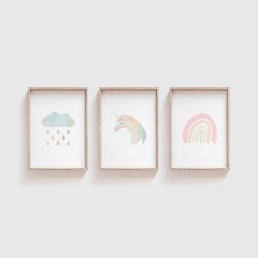 Eenhoorn, regenboog, cloud pastel set van 3 print