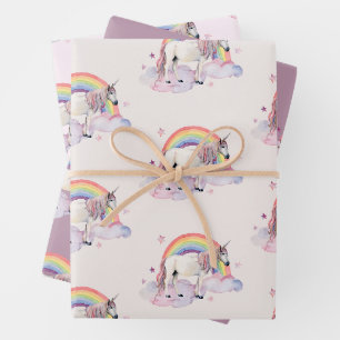 Eenhoorn Regenboog Wolken Roze Sprookje Party Girl Inpakpapier Vel