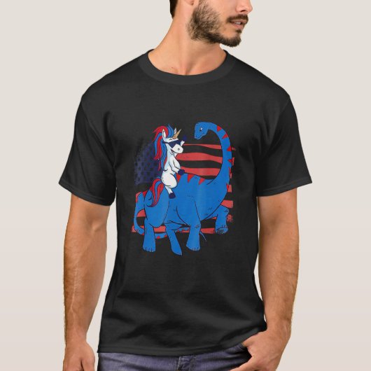 Eenhoorn Riding Dinosaurus USA Vlag Amerikaans T-shirt (Voorkant)