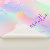Eenhoorn roze druppels holografische naam script sherpa deken (3/4)
