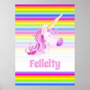 Eenhoorn roze en regenboog strepen aangepaste naam poster