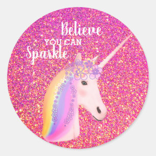  Eenhoorn Roze Glitter Inspirerend Quote Ronde Sticker