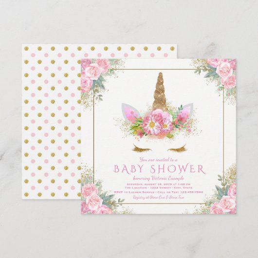 Eenhoorn Roze Goud Baby Douche Uitnodigingen (Voorkant / Achterkant)