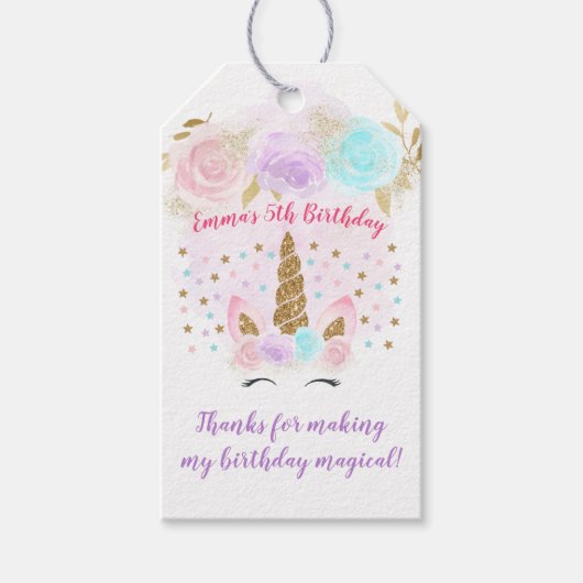 Eenhoorn Roze & Goud Verjaardag Dank u Cadeaulabel (Voorkant)