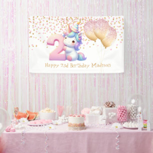 Eenhoorn Roze Gouden Ballonnen 2e Meisjes Verjaard Spandoek