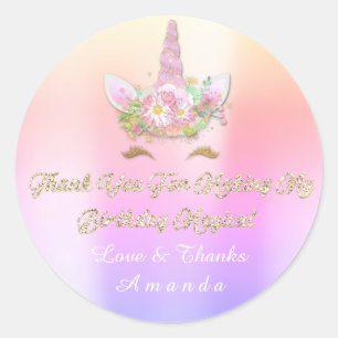 Eenhoorn roze partij gunst dank u pastel ombre ronde sticker