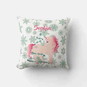 Eenhoorn Schattig Meisje Sneeuwvlokken Roze Kussen