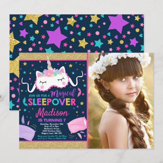 Eenhoorn Sleepover Party Uitnodiging Slumber Party (Voorkant / Achterkant)