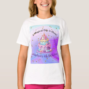Eenhoorn Sparkle Blue Paarse taart 4e verjaardag T-shirt