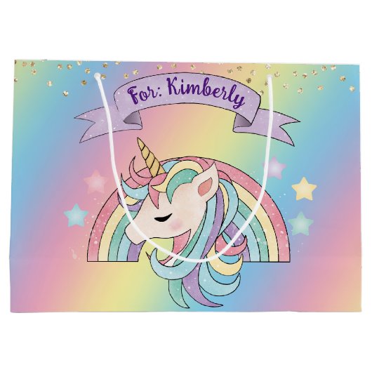 Eenhoorn & Sparkly Rainbow Gold Glitter Aangepaste Groot Cadeauzakje (Achterkant)