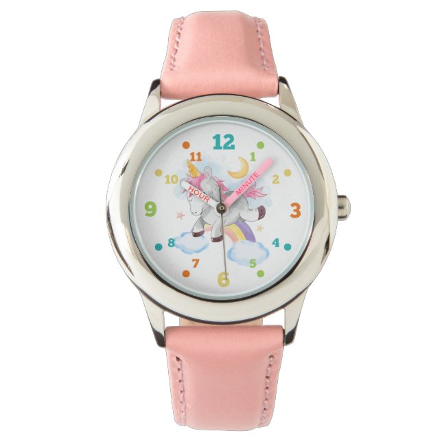 Eenhoorn springt over regenboog Kinder horloge (Voorkant)