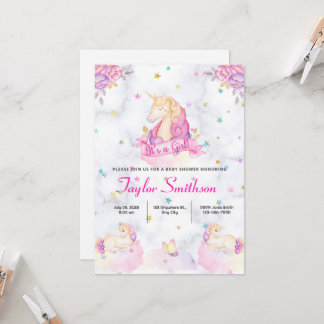 Eenhoorn, Sterren en Wolken Roze Theme Baby shower Kaart