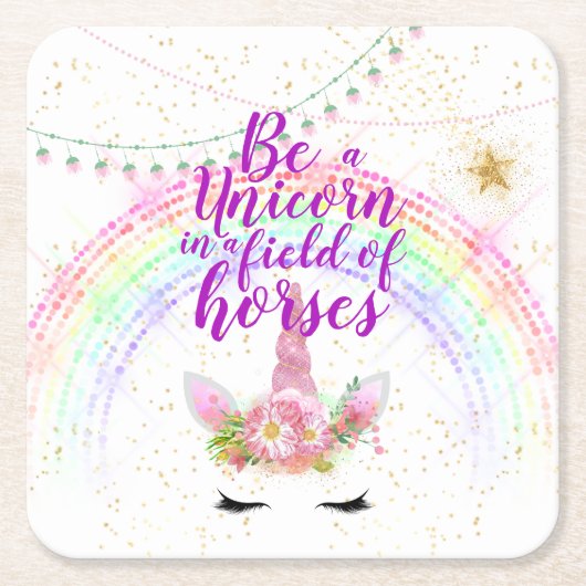 Eenhoorn Veldpaarden Roze Gouden Glitter Meisjes C Vierkante Kartonnen Onderzetter (Voorkant)