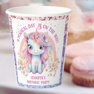 Eenhoorn Verjaardag Meisje Roze Regenboog Glitter Papieren Bekers