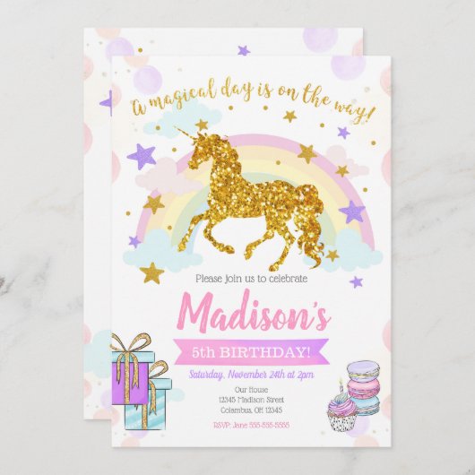 Eenhoorn Verjaardag Uitnodiging / Magische Partij (Voorkant / Achterkant)