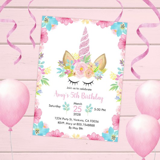 Eenhoorn Verjaardagsfeest Waterverf Bloemen Magisc Kaart
