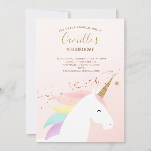 Eenhoorn verjaardagsfeestuitnodiging regenboog mod kaart (Voorkant)
