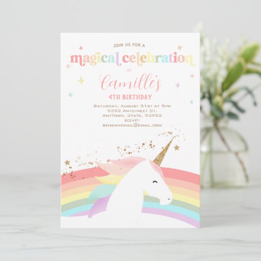 Eenhoorn verjaardagsfeestuitnodiging regenboog mod kaart (Staand voorkant)