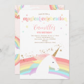 Eenhoorn verjaardagsfeestuitnodiging regenboog mod kaart (Voorkant / Achterkant)
