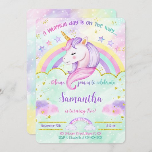 Eenhoorn Verjaardagsuitnodiging Kaart (Voorkant / Achterkant)