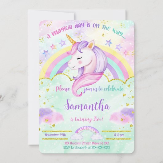 Eenhoorn Verjaardagsuitnodiging Kaart (Voorkant)