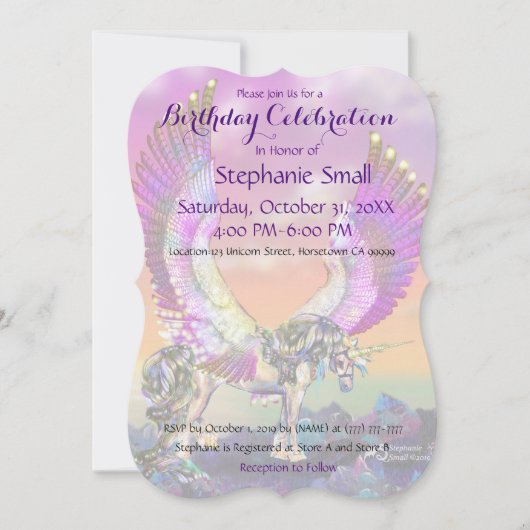 Eenhoorn Verjaardagsuitnodiging Paarse Blauw Roze Kaart (Voorkant)