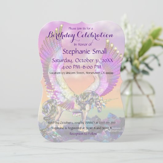Eenhoorn Verjaardagsuitnodiging Paarse Blauw Roze Kaart (Staand voorkant)