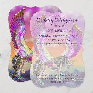 Eenhoorn Verjaardagsuitnodiging Paarse Blauw Roze Kaart