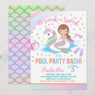 Eenhoorn & Zeemeermin Pool Party Verjaardag Uitnod Kaart