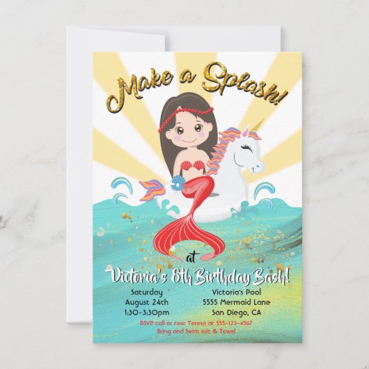 Eenhoorn Zeemeermin Zwembad Party Verjaardagsfeest Kaart (Voorkant)