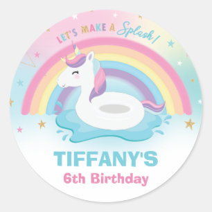 Eenhoorn Zwembad Verjaardagsfeestje Regenboog Eenh Ronde Sticker