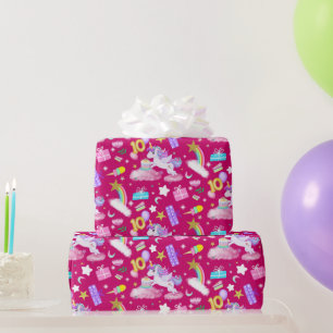 Eénhoornige patroon robijnkleurige 10e verjaardag cadeaupapier