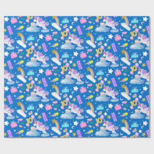 Eénhoornpatroon Blauw voor 10e Verjaardag Cadeaupapier