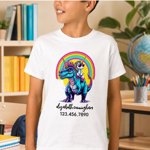 Eenhoornrijdende dinosaurus regenboog naam school t-shirt