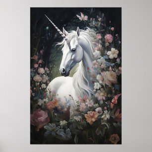 Eenhoring Bloemendruk bos, Donkere Academie Wand Poster