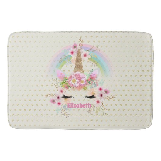Eenhoring Roze Goud Glitters Uitzicht Naam Meisjes Badmat (Voorkant)