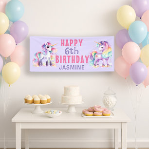 Eenhoring Roze Paarse Meisje 6de Verjaardag Spandoek