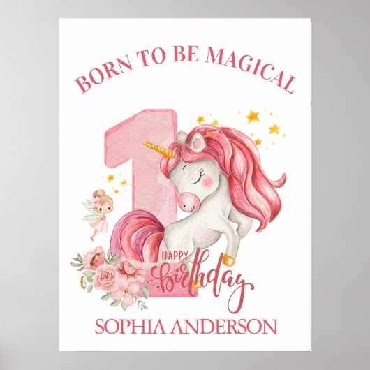 Eenhorn 1e Verjaardag Roze Jong Meisje Poster (Voorkant)