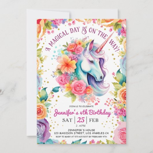 Eenhorn 4de verjaardag Bloemrijke regenboog en st Kaart (Voorkant)