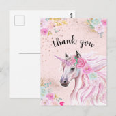 Eenhorn Eenhoorn Dank Je Wel Roze Turkoois Bloemen Briefkaart (Voorkant / Achterkant)