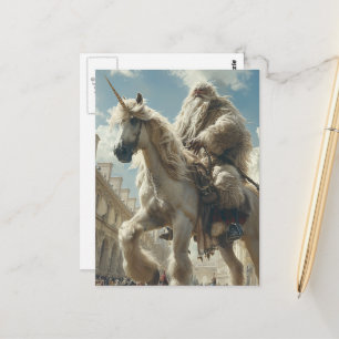 Eenhorn en man in de stad briefkaart
