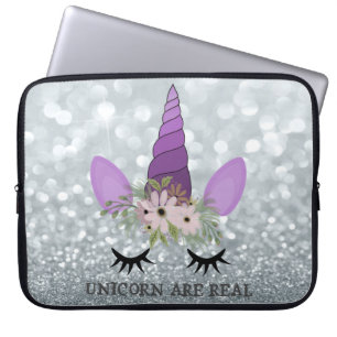 Eenhorn Gezicht, Bloemenkroon, Zilveren Glitter Bo Laptop Sleeve