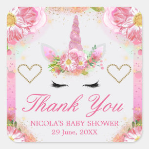Eenhorn Gezicht & Waterverf Roze Bloemen Baby Show Vierkante Sticker